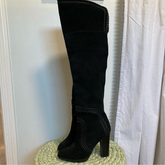 NWOB Report Liola Black Suede Leather Woven Boho Over the Knee Heel Boots - Picture 6 of 16